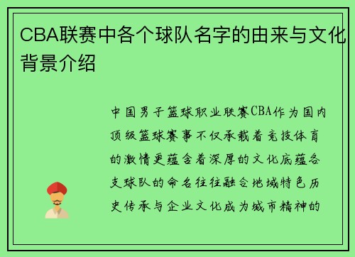 CBA联赛中各个球队名字的由来与文化背景介绍