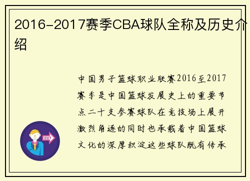 2016-2017赛季CBA球队全称及历史介绍