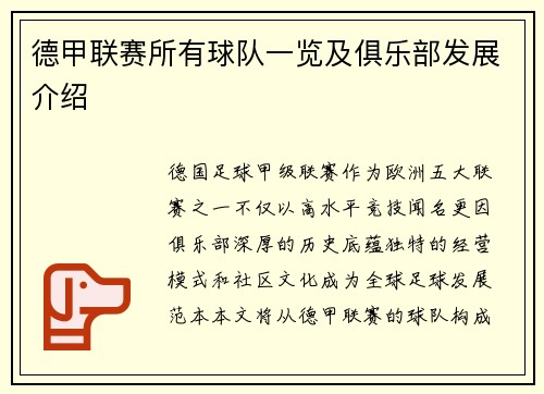 德甲联赛所有球队一览及俱乐部发展介绍