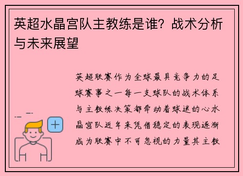 英超水晶宫队主教练是谁？战术分析与未来展望
